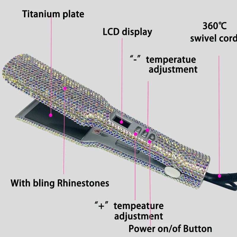 Hair Straightener Flat Iron Plancha De Cabello 2 Inch Fast Heating Titanium Plate Flat Iron with Rhinestones & LCD Display