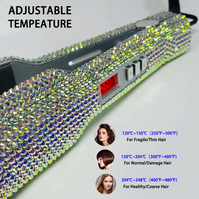Hair Straightener Flat Iron Plancha De Cabello 2 Inch Fast Heating Titanium Plate Flat Iron with Rhinestones & LCD Display