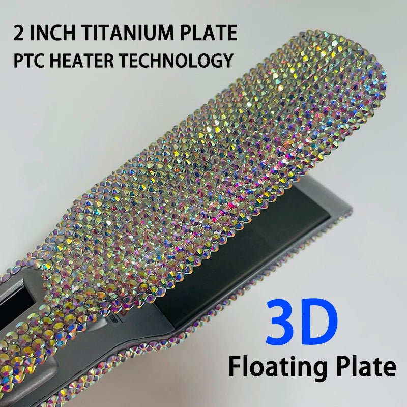 Hair Straightener Flat Iron Plancha De Cabello 2 Inch Fast Heating Titanium Plate Flat Iron with Rhinestones & LCD Display