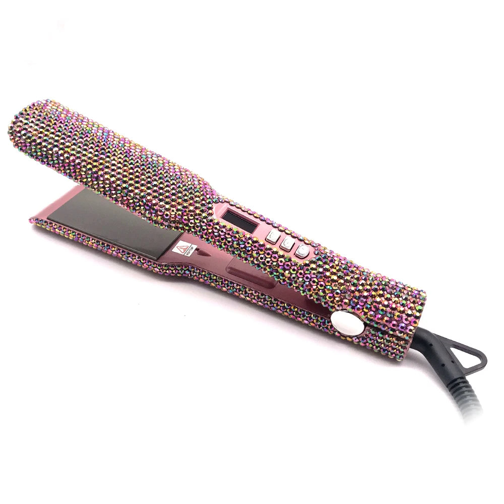 Hair Straightener Flat Iron Plancha De Cabello 2 Inch Fast Heating Titanium Plate Flat Iron with Rhinestones & LCD Display