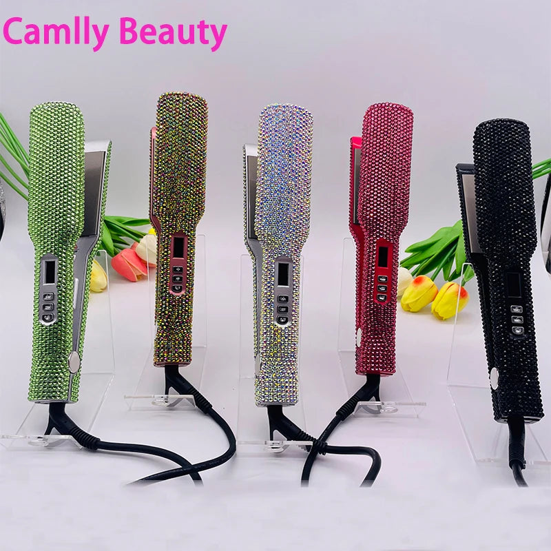Hair Straightener Flat Iron Plancha De Cabello 2 Inch Fast Heating Titanium Plate Flat Iron with Rhinestones & LCD Display